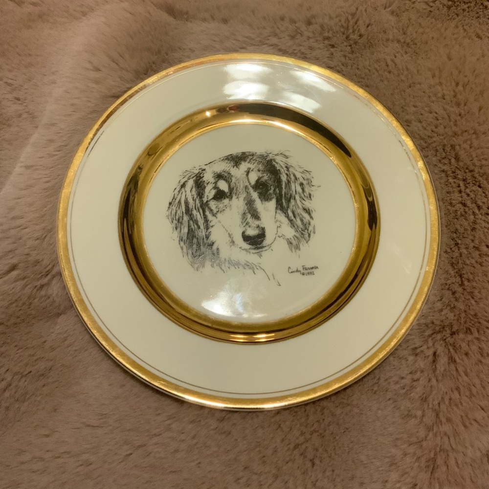 Porcelain by Rosalinde 7” Dachshund Decorative Plate Cindy Farmer 1992 Gold